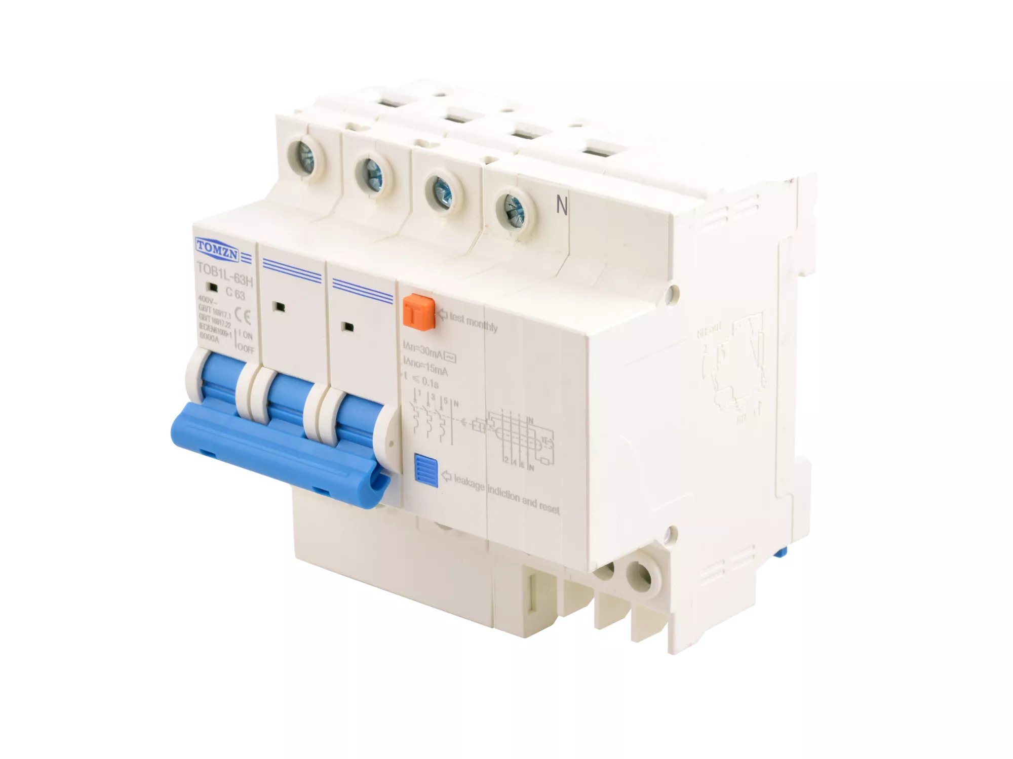Диференціальний автомат TOB1L-63H-3P/N-63A (RCBO 3P+N С=63А, IΔn = 30 мА)