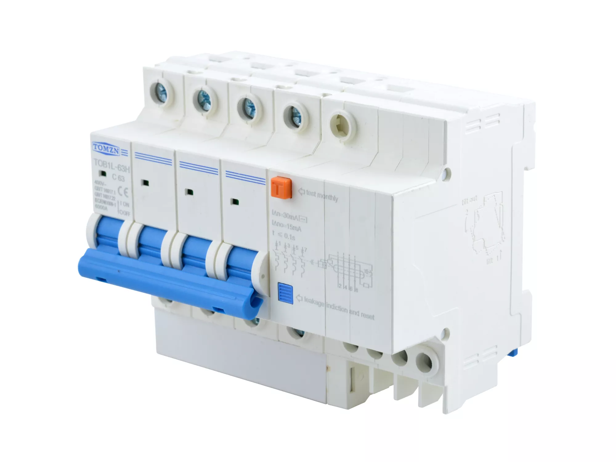 Дифференциальный автомат TOB1L-63H-4P-63A (RCBO 4P С=63А, IΔn = 30 мА)