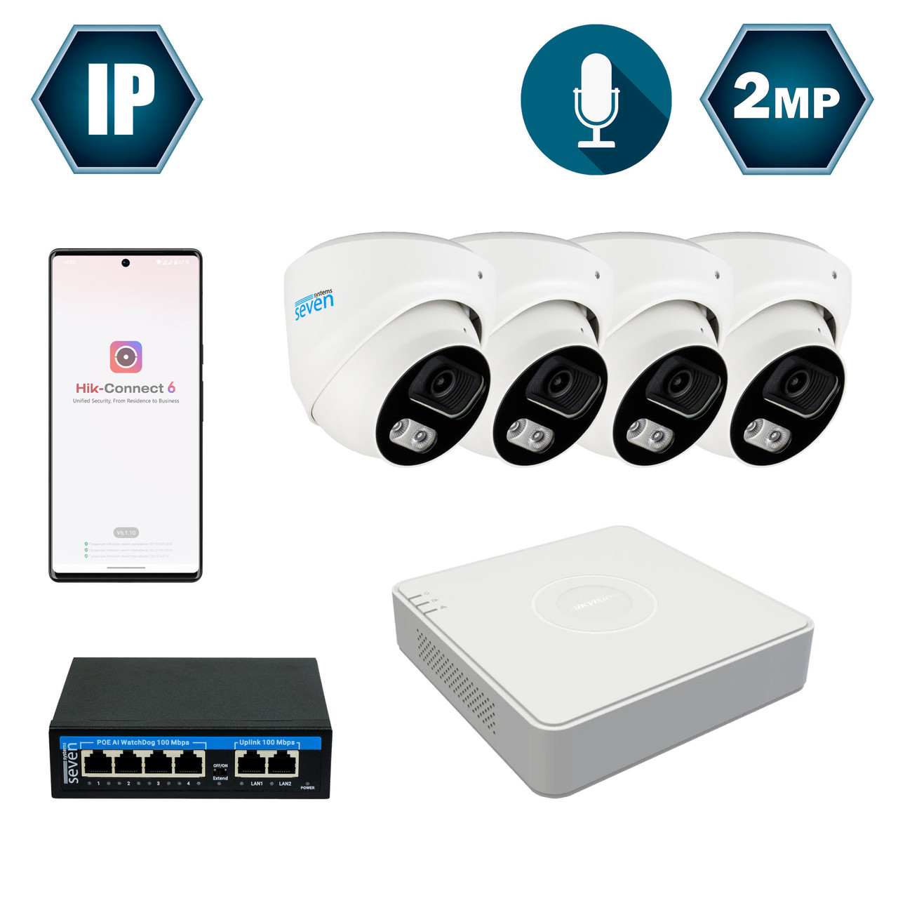 Комплект IP-відеоспостереження Hikvision на 4 купольні 2 Мп IP-камери HK-IP7114OW-2MP