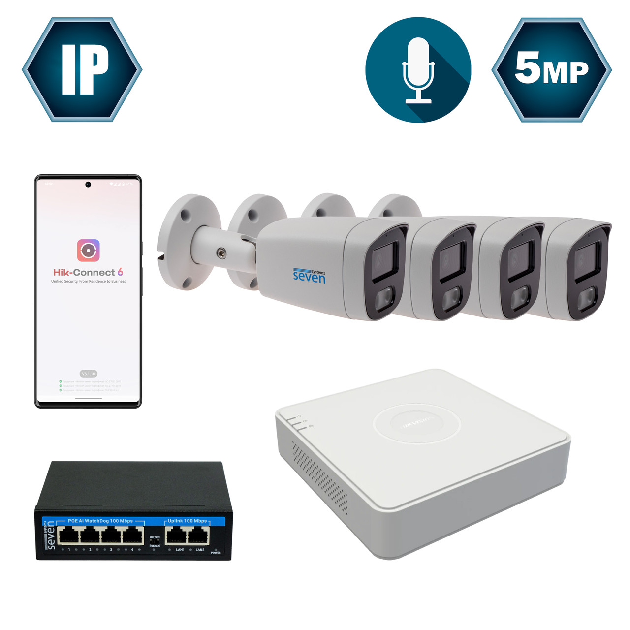 Комплект IP-відеоспостереження Hikvision на 4 циліндричні 5 Мп IP-камери HK-IP7124OW-5MP