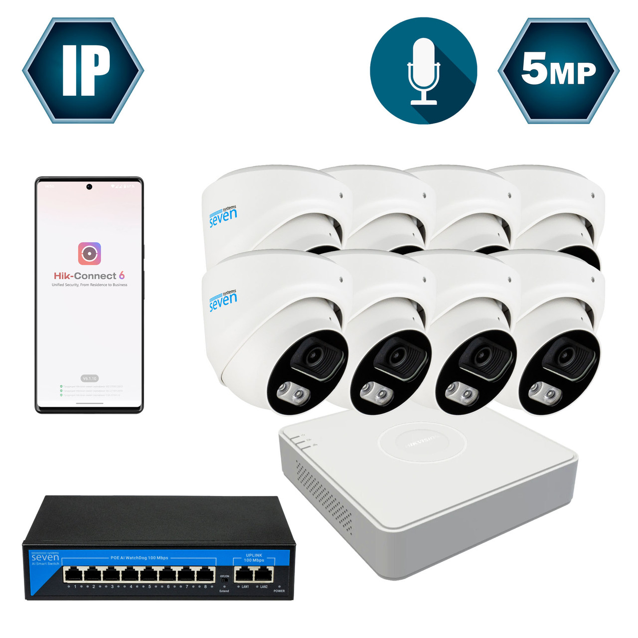 Комплект IP-відеоспостереження Hikvision на 8 купольних 5 Мп IP-камери HK-IP7118OW-5MP