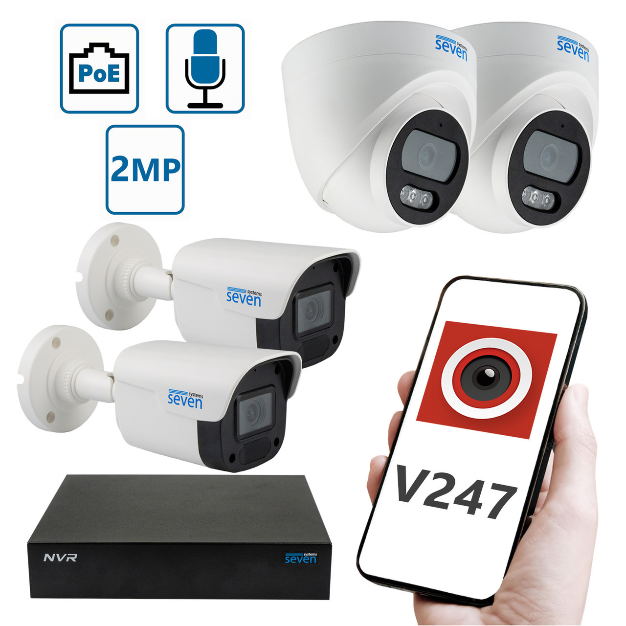 Комплект "Установи сам" IP-видеонаблюдения 2 Мп на 2 уличные и 2 внутренние камеры SEVEN 2D2B2KIT