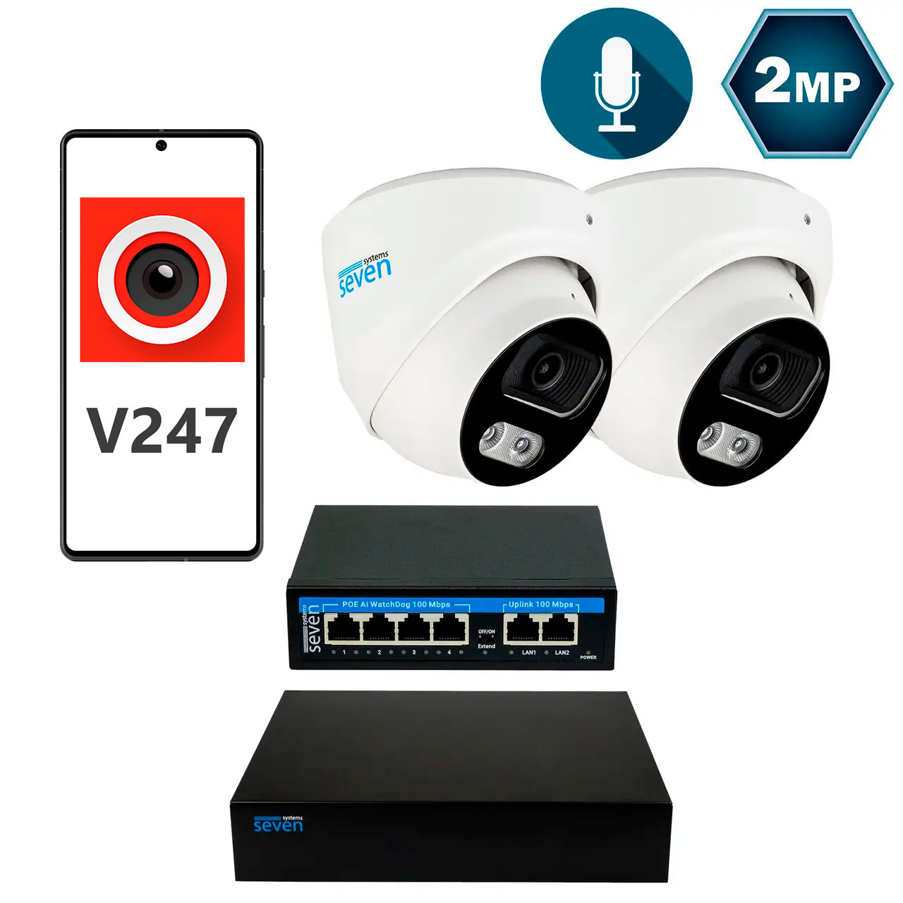 Комплект відеоспостереження на 2 купольні 2 Мп IP-камери SEVEN IP-7212W2-2MP