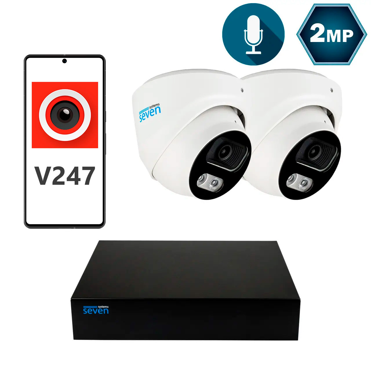 Комплект відеоспостереження на 2 купольні 2 Мп IP-камери SEVEN IP-7212W2P4-2MP