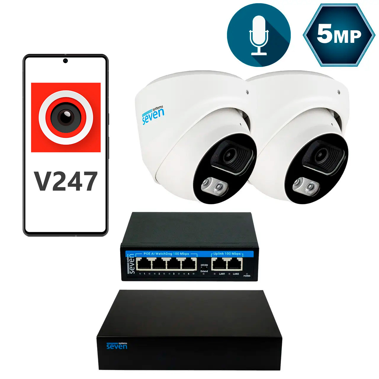 Комплект відеоспостереження на 2 купольні 5 Мп IP-камери SEVEN IP-7215W2-5MP
