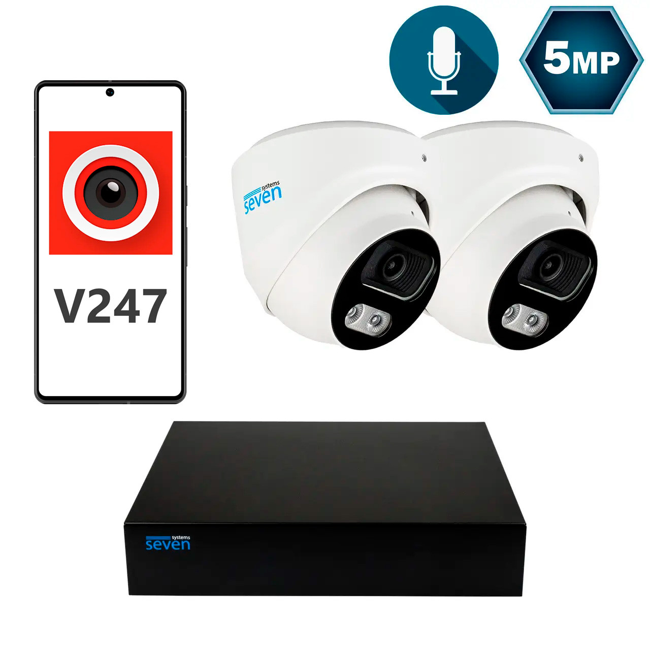 Комплект відеоспостереження на 2 купольні 5 Мп IP-камери SEVEN IP-7215W2P4-5MP
