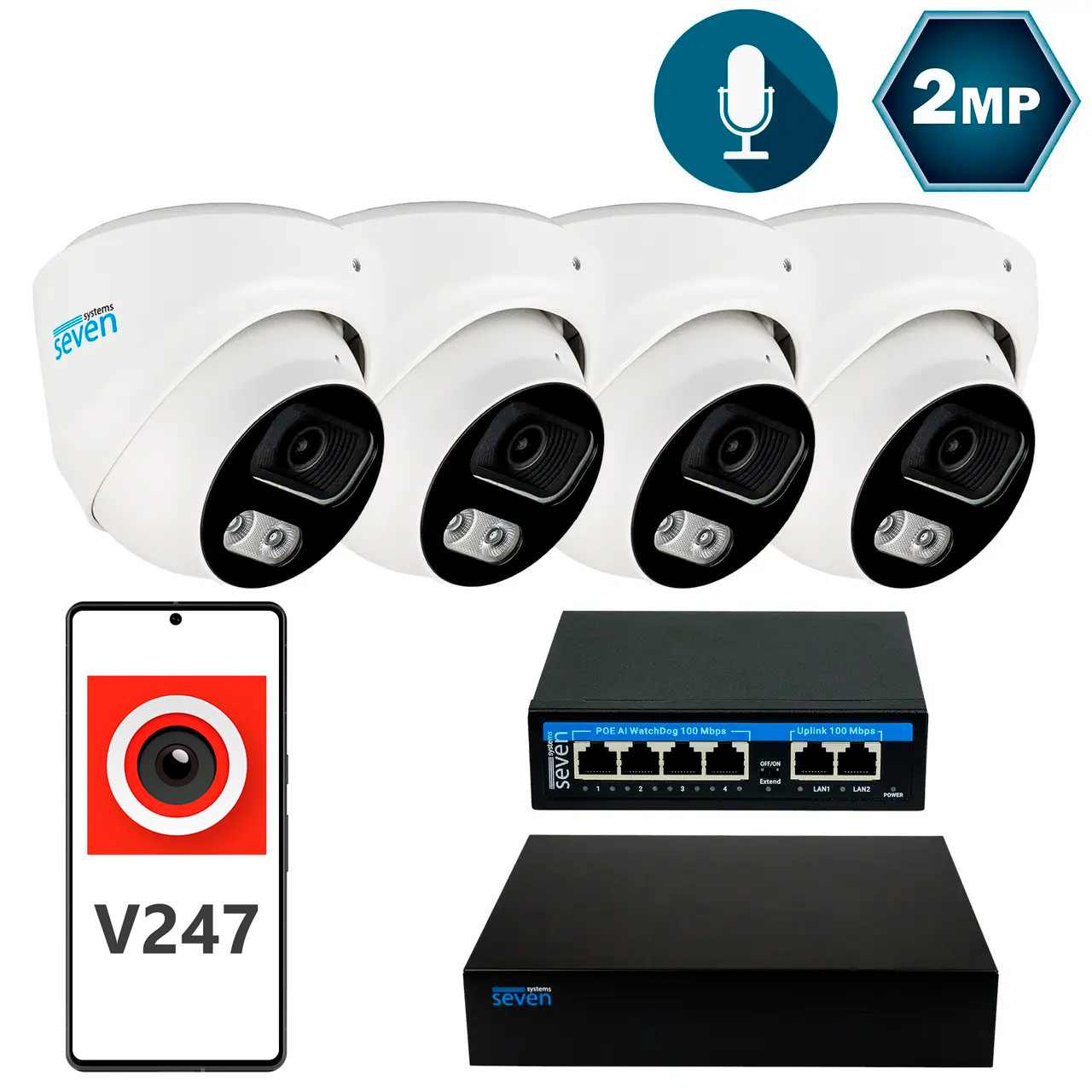 Комплект відеоспостереження на 4 купольні 2 Мп IP-камери SEVEN IP-7212W4-2MP