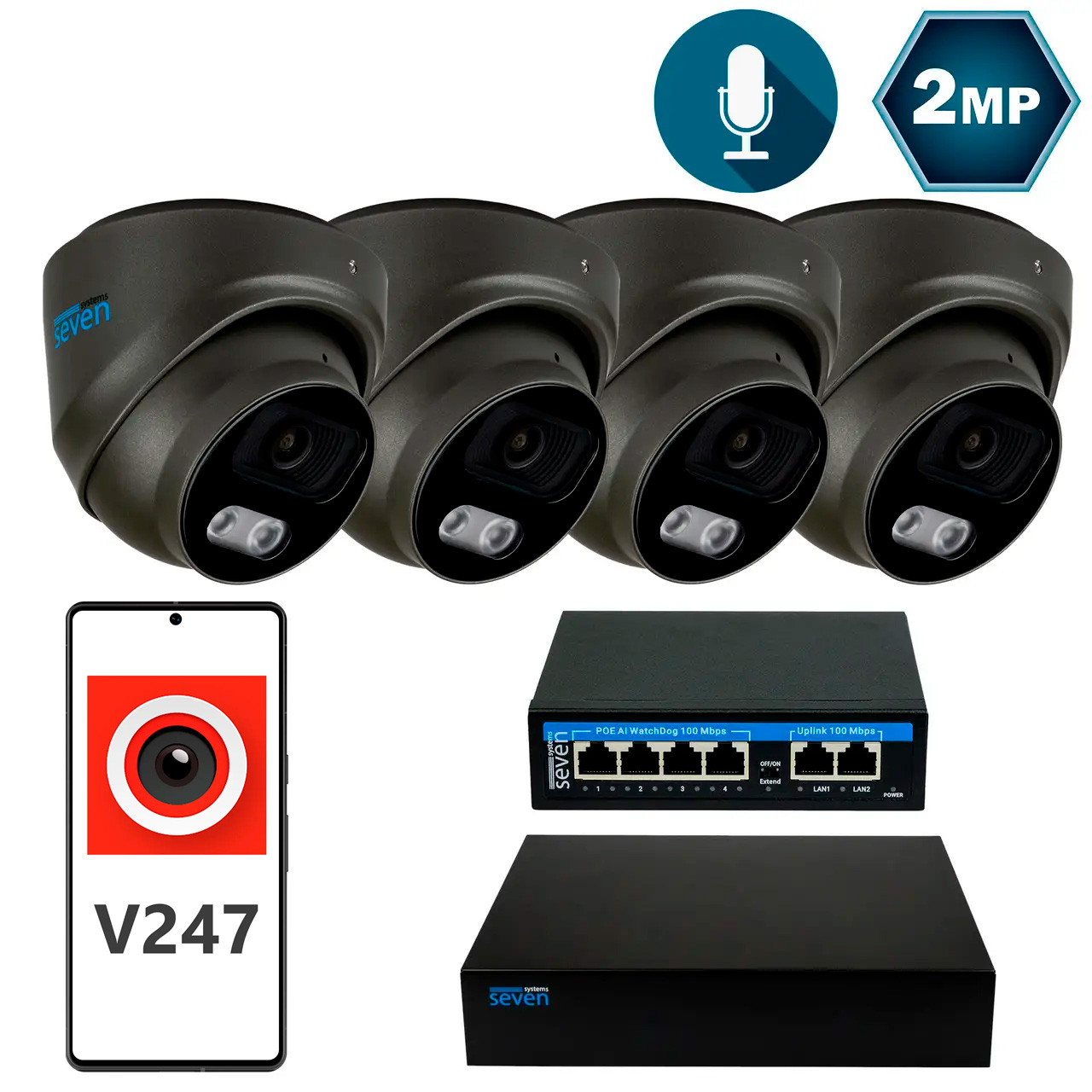 Комплект відеоспостереження на 4 купольні 2 Мп IP-камери SEVEN IP-7212B4-2MP