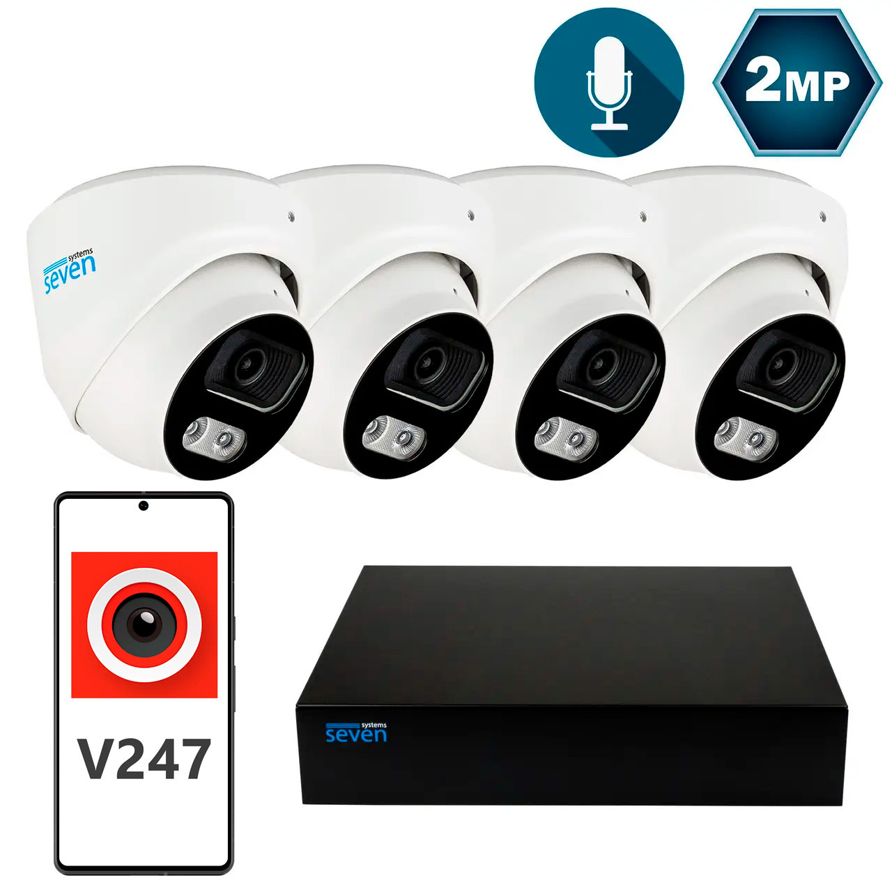 Комплект відеоспостереження на 4 купольні 2 Мп IP-камери SEVEN IP-7212W4P4-2MP