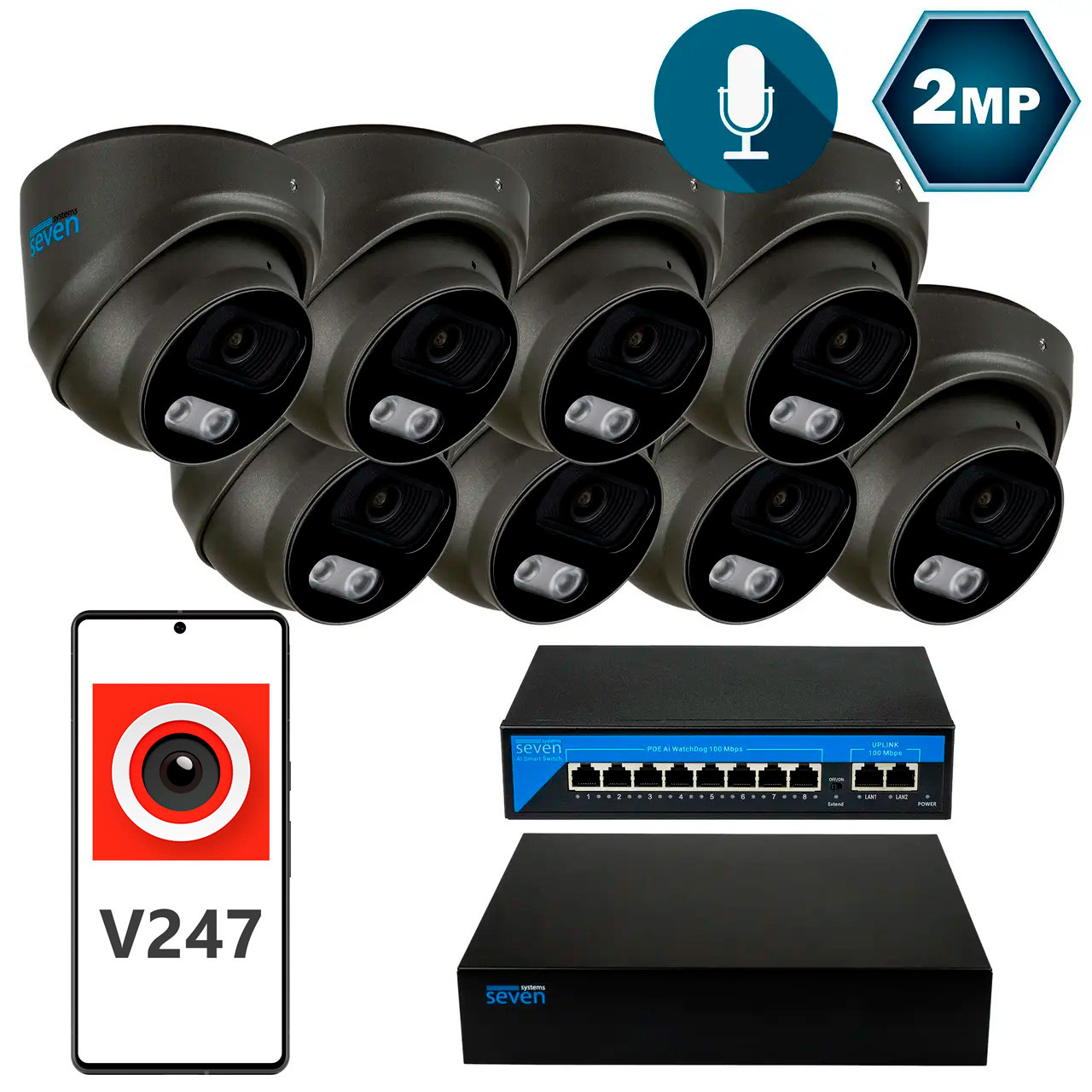 Комплект відеоспостереження на 8 купольних 2 Мп IP-камер SEVEN IP-7212B8-2MP