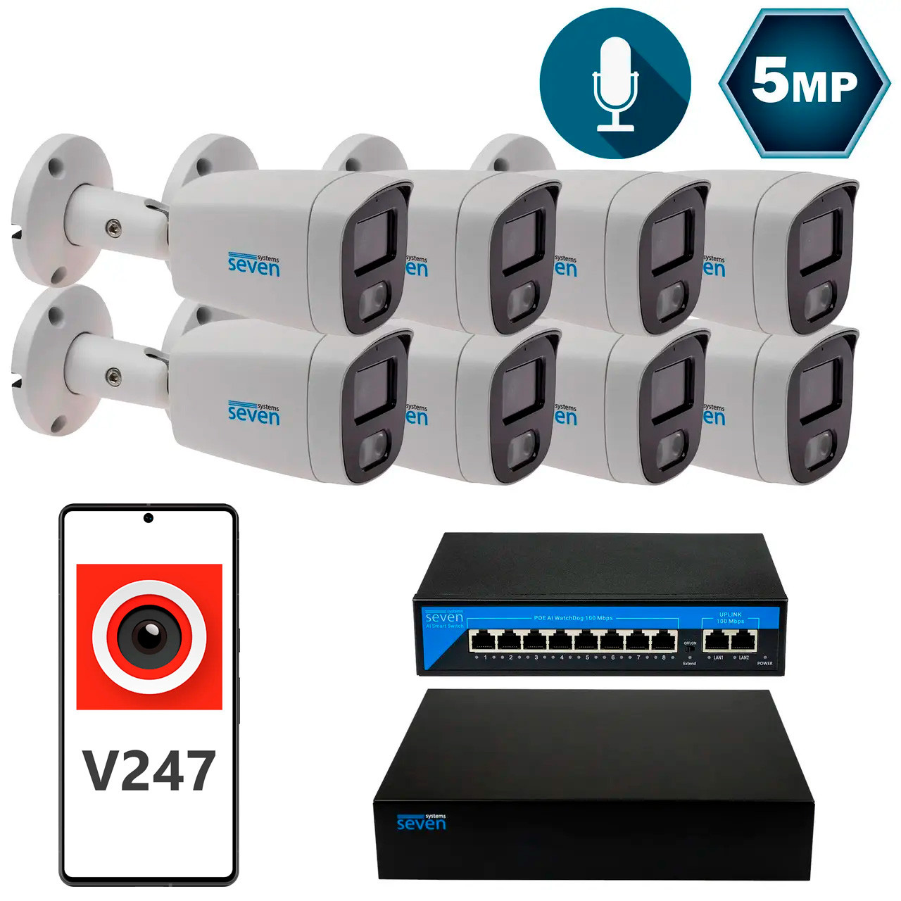 Комплект відеоспостереження на 8 циліндричних 5 Мп IP-камер SEVEN IP-7225W8-5MP