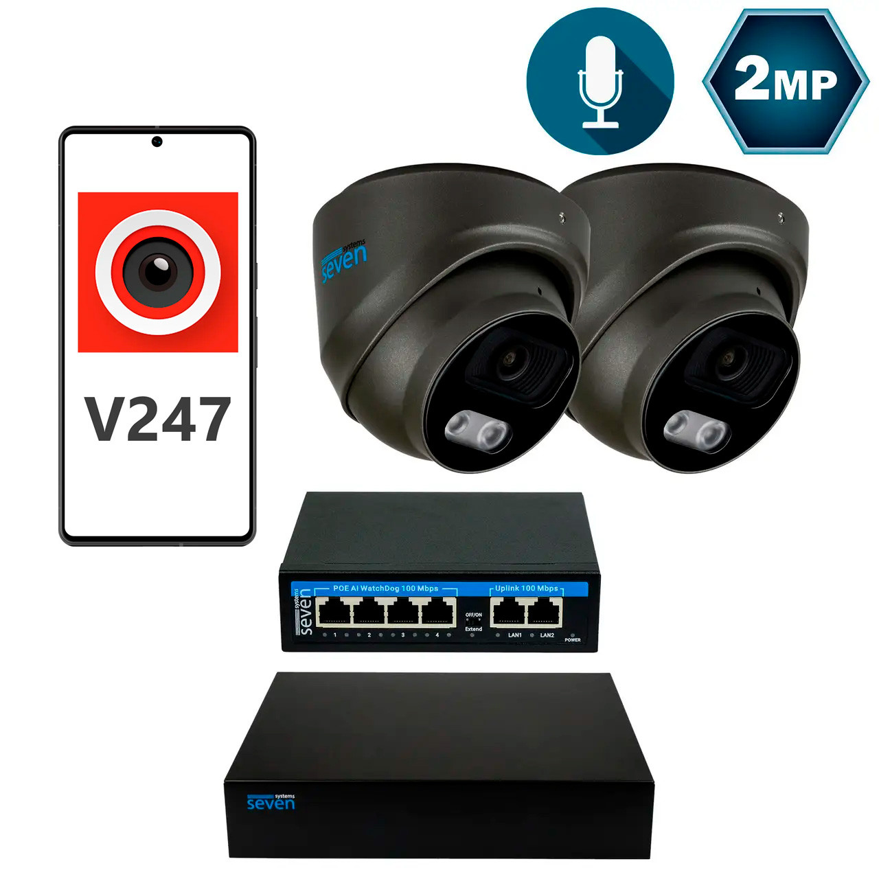 Комплект видеонаблюдения на 2 купольные 2 Мп IP-камеры SEVEN IP-7212B2-2MP