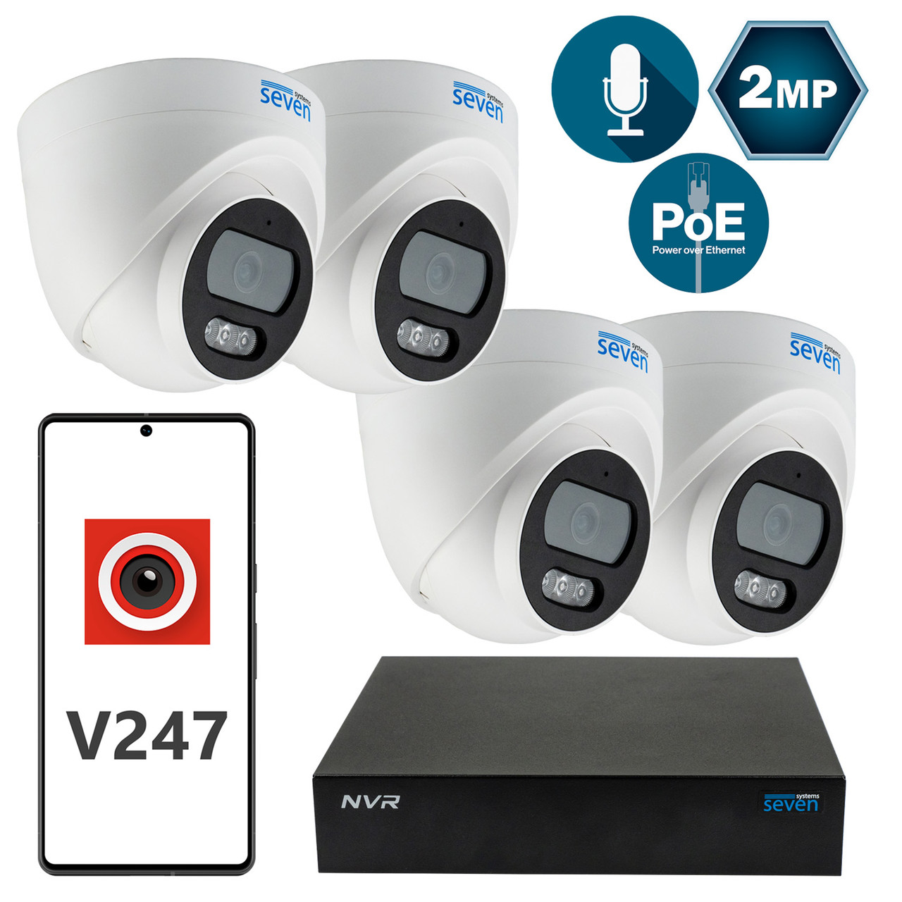 Комплект видеонаблюдения на 4 купольные 1080p IP-видеокамеры SEVEN 4D2