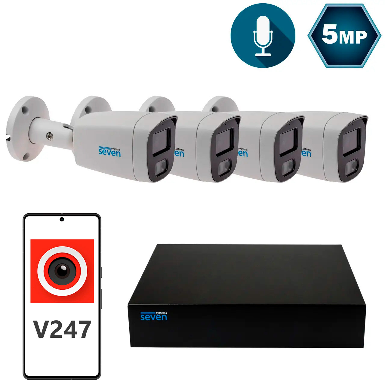 Комплект видеонаблюдения на 4 цилиндрические 5 Мп IP-камеры SEVEN IP-7225W4P4-5MP