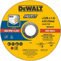 Круг отрезной DeWALT FASTCUT, нержавеющая сталь/листовой металл, 125x1x22,23 мм, 100 шт (DT20540)