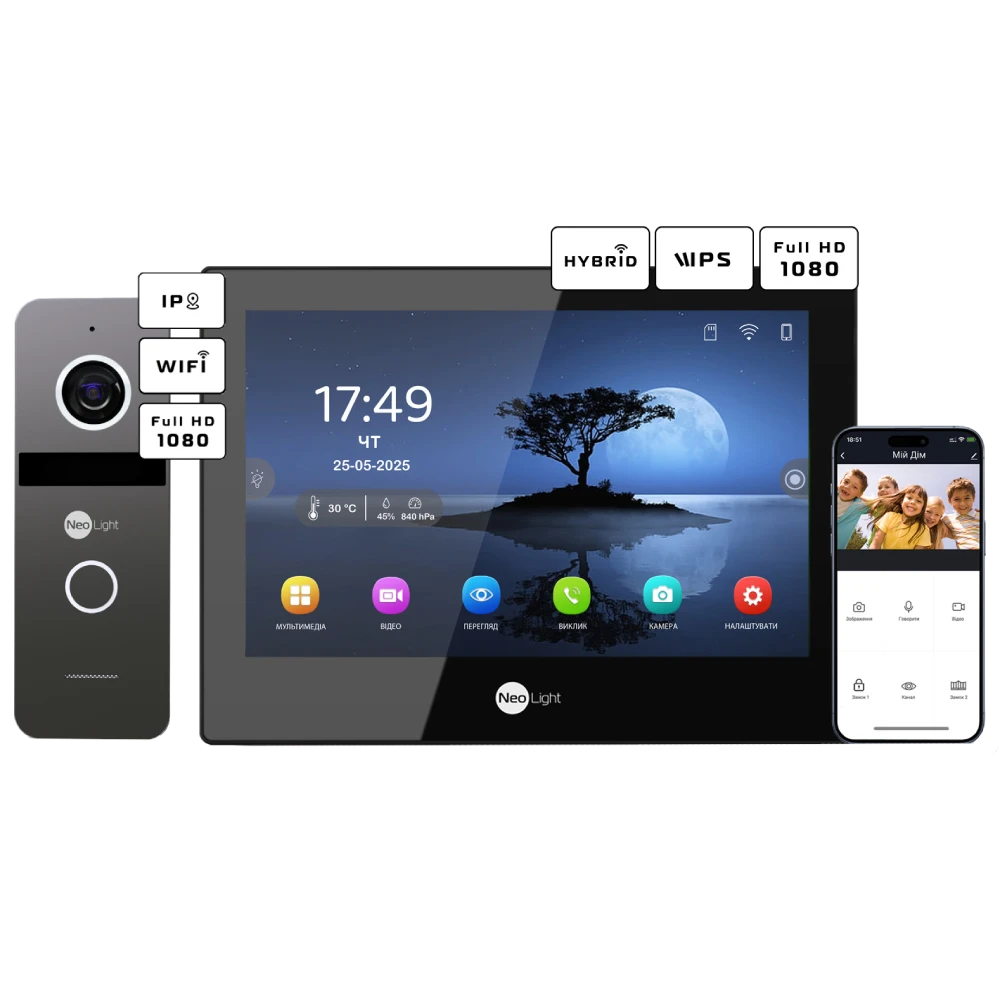 Neolight ALPHA Hybrid Black + SOLO IPW Graphite з кутком, PoE адаптер для панелі виклику