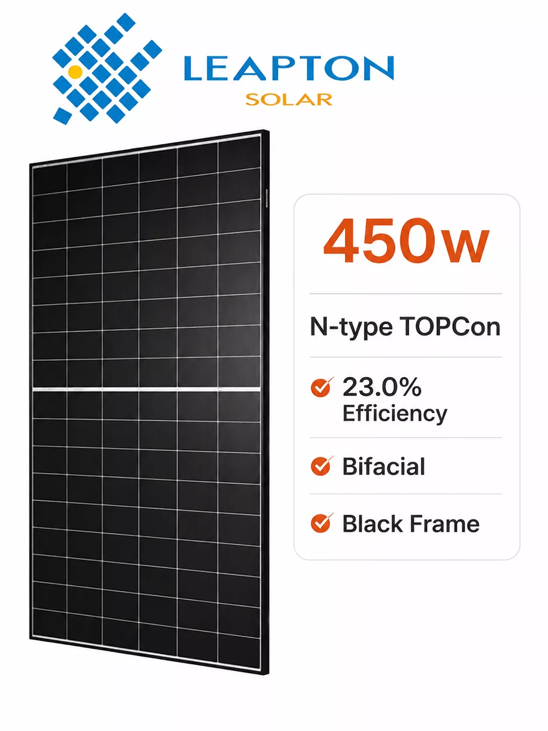 Сонячна панель Leapton LP182*210-M-48-NB-450W (450W, bifacial, black frame)