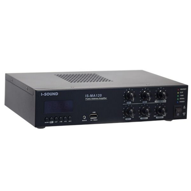 Настільний мікшуючий підсилювач з медіаплеєром I-Sound IS-MA120 (1 зона, потужність до 120Вт, 100В/70В 4 Ом, діапазон 80 Гц-17 кГц, поддержка 3-х источников аудио сигнала, USB-TF Card/FM/Bluetooth, ~1
