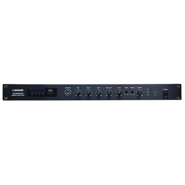 Мікшуючий підсилювач із медіаплеєром I-Sound IS-MA120AD (1 зона, потужність до 120Вт, 100В/70В 4 Ом, діапазон 80 Гц-16 кГц, MIC-4шт, AUX-2шт, USB-TF Card/FM/Bluetooth, ~220В / 185Вт, габарити 483х45х3