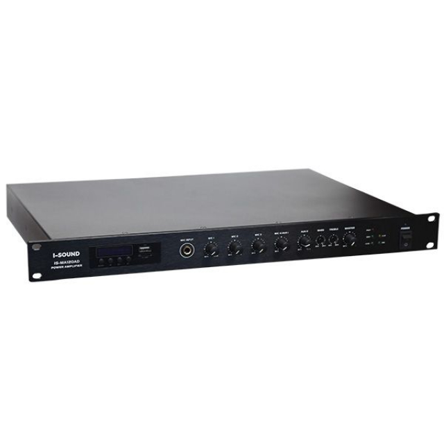 Мікшуючий підсилювач з медіаплеєром I-Sound IS-MA240AD (1 зона, потужність до 240Вт, 100В/70В 4 Ом, діапазон 80 Гц-16 кГц, підтримка 4-х джерел аудіо сигналу, AUX, USB-TF Card/FM/Bluetooth, ~100 -240В